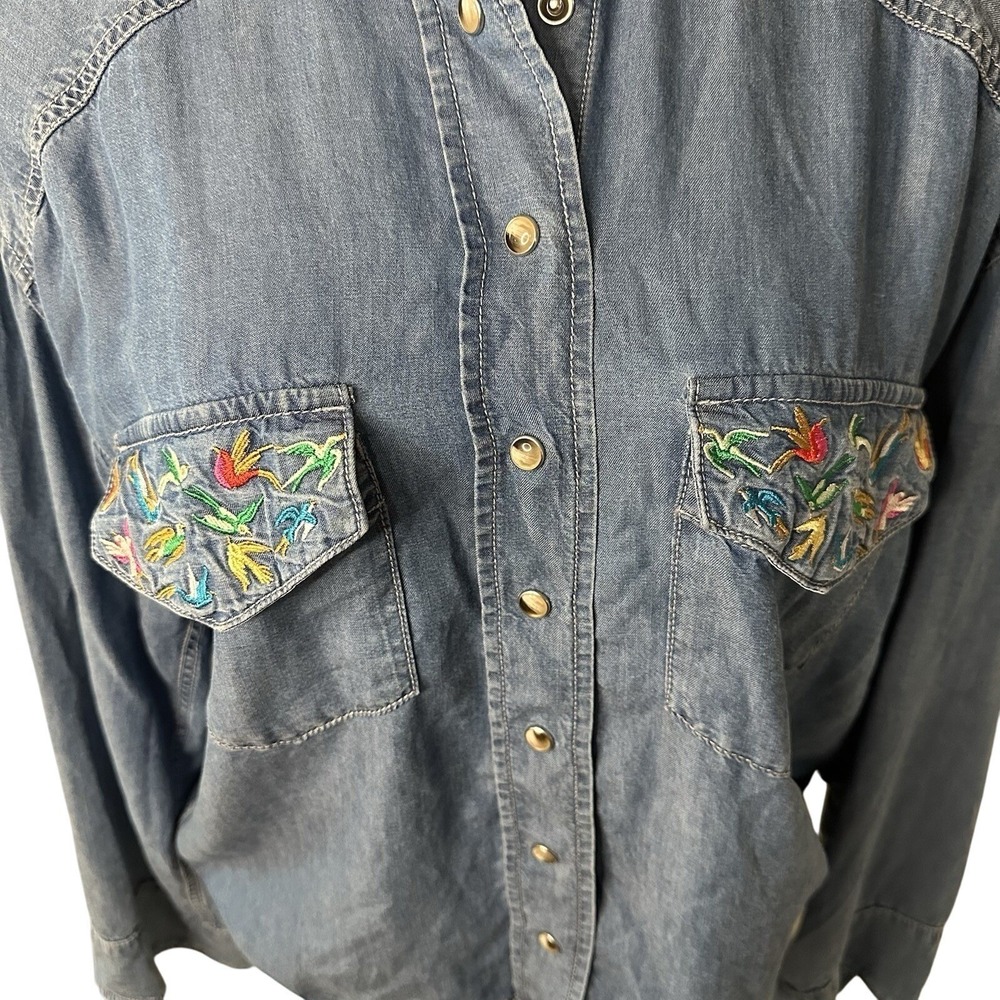 The Kooples Jeans Shirt Women S Blue Embroidered Bird Lyocell Snap Front Western - Picture 4 of 15